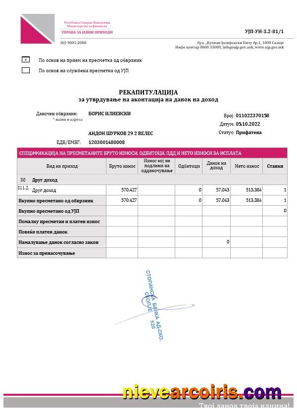 Republic of North Macedonia Public Revenue Administration income tax advance payment recapitulation